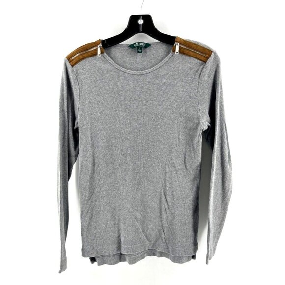Lauren Ralph Lauren Gray Knit Top Shirt Suede Zipper Shoulders Size Large - Picture 1 of 11